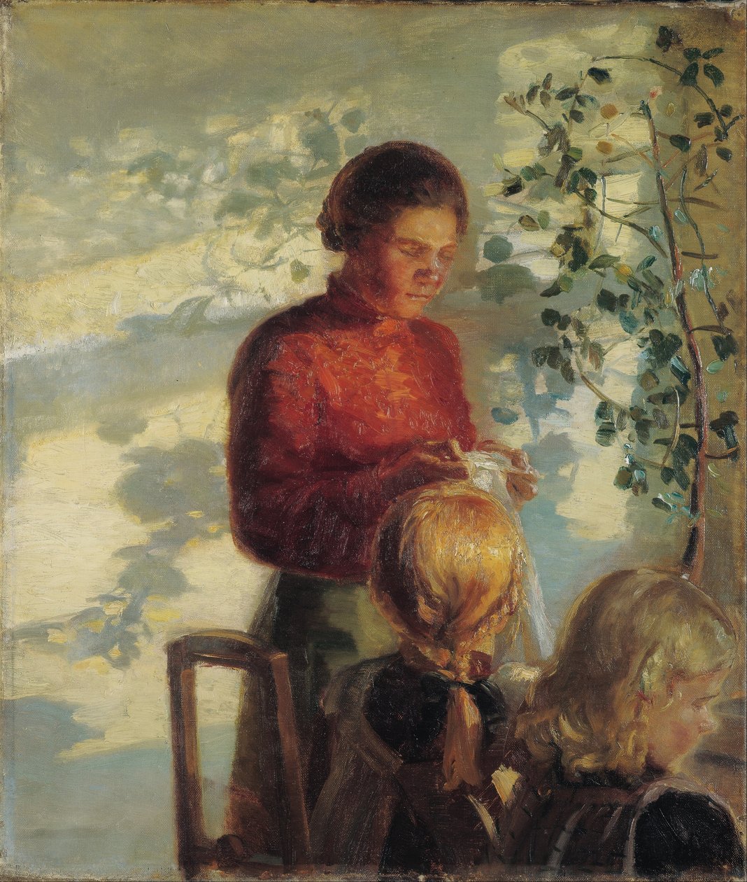 Két kislányt tanítanak varrni alkotó: Anna Ancher