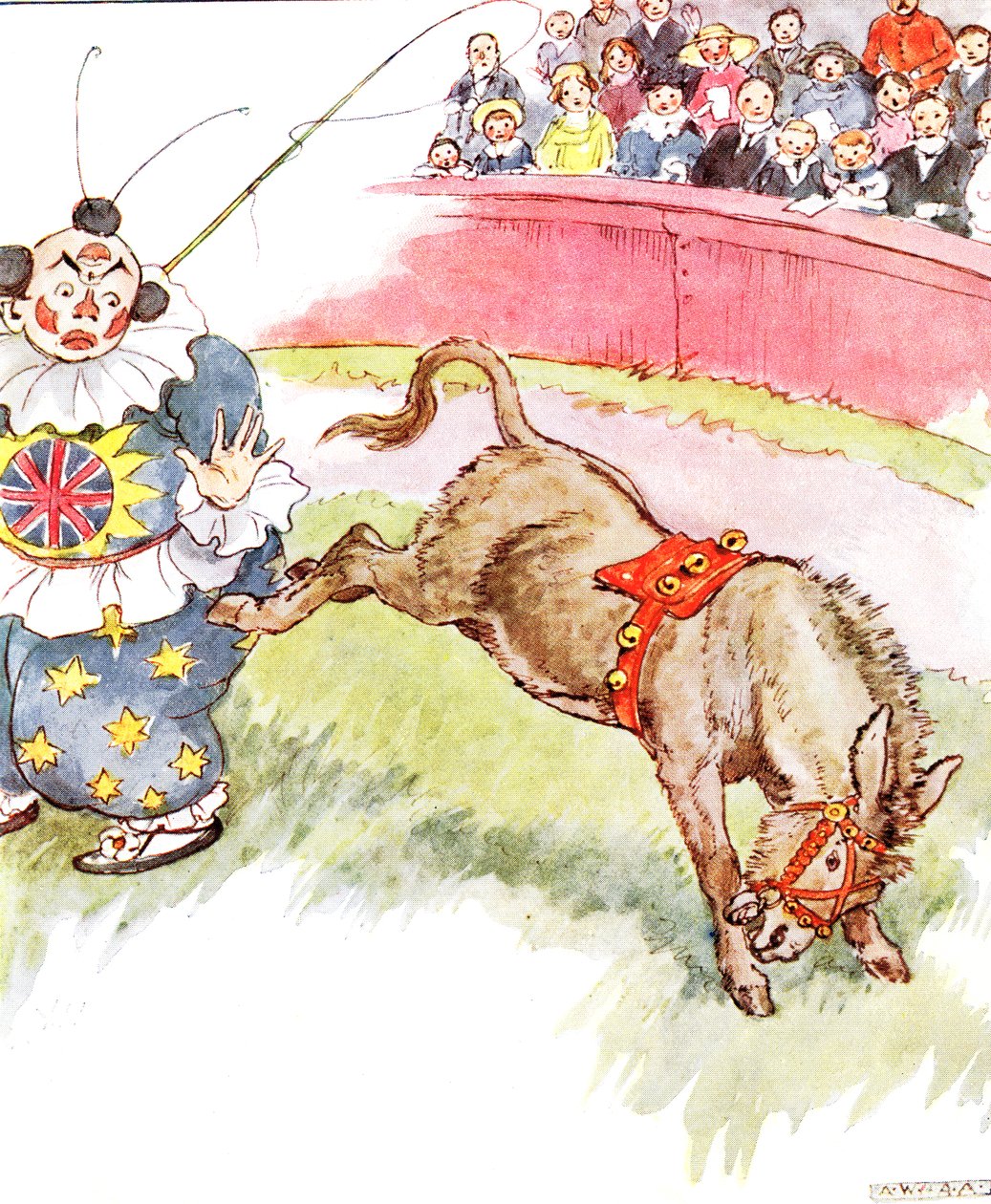 „A bohóc ma olyan buta volt – elég keményen megrúgtam” – illusztráció a „The Naughty Neddy Book”-ból, Thomas Nelson und Sons, 1920-as évek alkotó: Anne Anderson