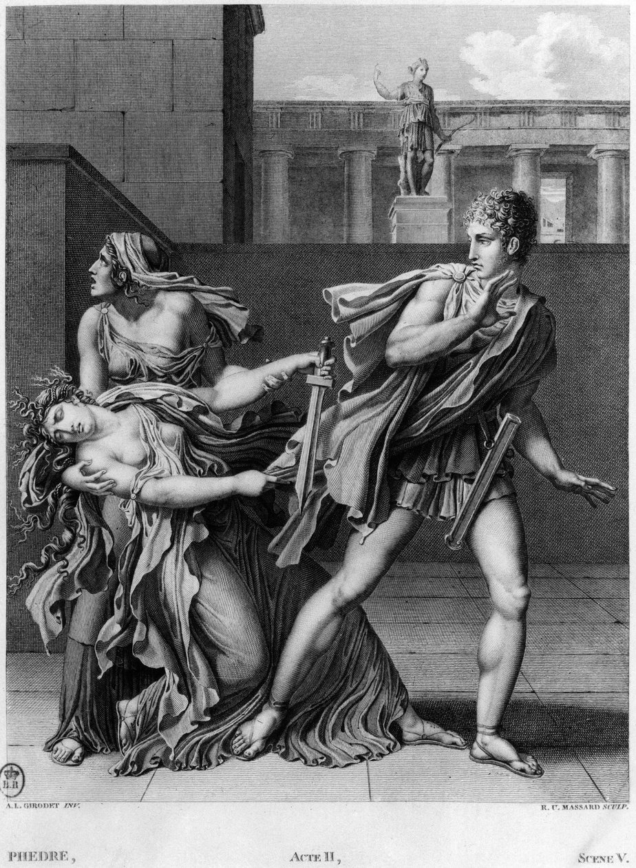 Phaedra, Oenone és Hippolytus, Jean Racine (1639-1699) „Phedre” című művének II. felvonásának 5. jelenetének illusztrációja, Raphael Urbain Massard (1775-1843) metszete 1824 alkotó: Anne Louis Girodet de Roucy Trioson