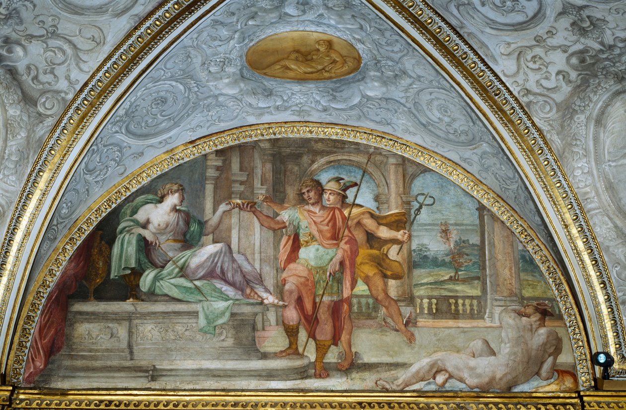 Lunette a varázslónőt ábrázolja, aki egy tál mérgezett levest kínál Ulyssesnek, és gyógynövényes ellenszert ad hozzá a higany, a „Camerino”-ból, 1596 alkotó: Annibale Carracci