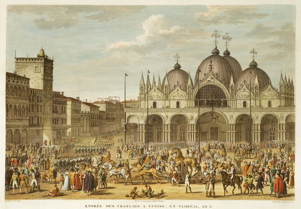 A franciák bevonulása Velencébe és a San Marco lovainak ellopása, Floreal, 5. évfolyam (1797 május), metszet: Jean Duplessi-Bertaux (1747-1819) (aquatinta). alkotó: Antoine Charles Horace Vernet