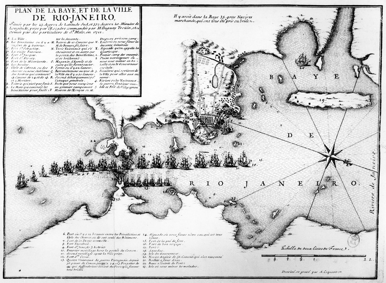 Rio de Janeiro öblének és városának terve, valamint a francia és portugál haditengerészeti erők elhelyezése a francia támadás során Duguay-Trouin 1711-ben, 1730 körül alkotó: Antoine Coquart