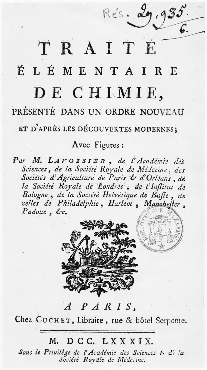 Az 1789-ben Párizsban kiadott „Traite Elementaire de Chimie” címlapja alkotó: Antoine Laurent de Lavoisier