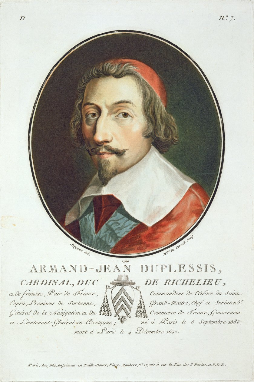 Armand Jean Duplessis, bíboros, de Richelieu herceg (1585-1642) „Franciaország nagy férfiak, jeles nők és emlékezetes alanyok portréi” című művéből, Mme de Cernel metszetében, 1787-92 között (színes) alkotó: Antoine Louis Francois Sergent Marceau