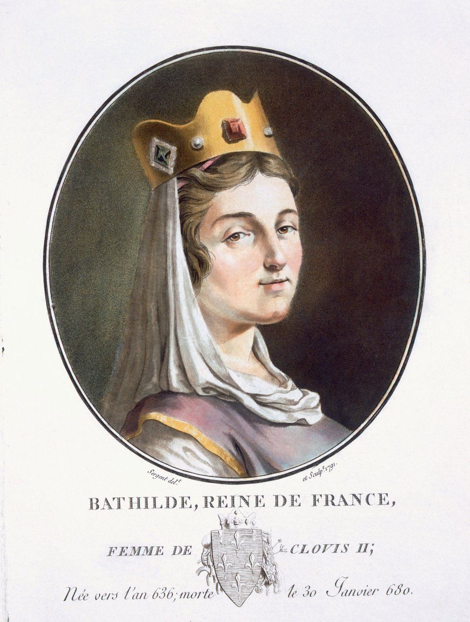 Bathilde a „Nagy férfiak, jeles nők és emlékezetes francia alanyok portréiból, vésve és színekkel nyomtatva”, Pierre Blin, 1786-92, Párizs (színes metszet) alkotó: Antoine Louis Francois Sergent Marceau