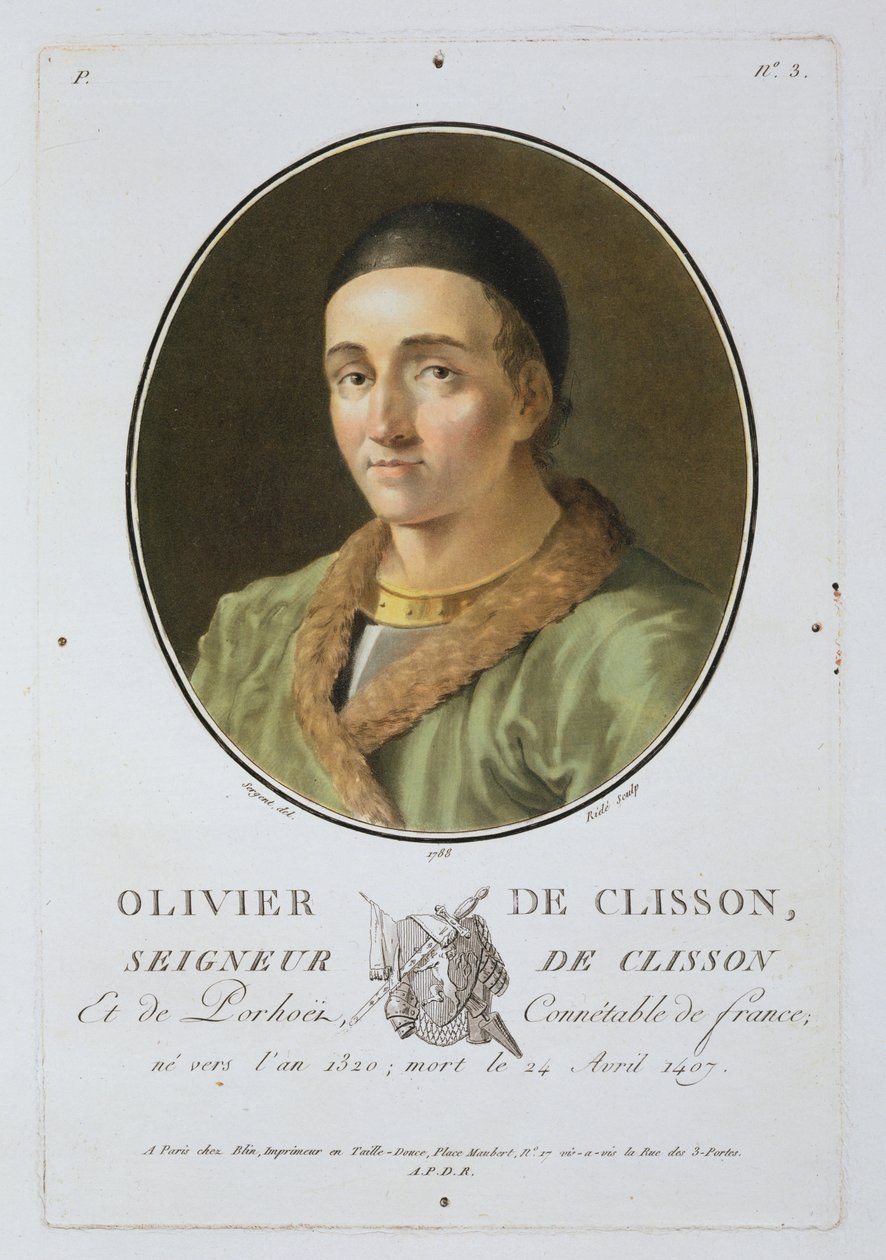Olivier de Clisson (1336-1407) a "Portrék nagy férfiakról, illusztris nőkről és emlékezetes francia témákról" című, Ride által metszett, 1787-92-ben kiadott műből. alkotó: Antoine Louis Francois Sergent Marceau