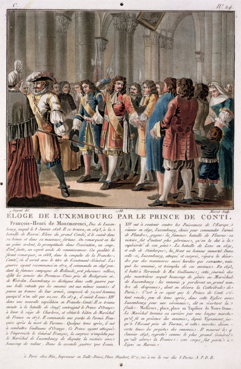 Conti herceg (1664-1709) Luxemburg hercegét (1628-95) dicséri a neerwindeni csatában (1693) aratott győzelme után, vésette Jean Baptiste Morret (fl.1790-1820), 1788 (színes metszet) alkotó: Antoine Louis Francois Sergent Marceau