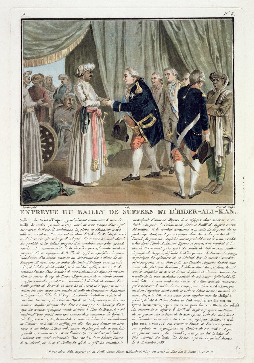 Pierre Andre de Suffren de Saint Tropez (1729-88) és Haider Ali (1728-82) találkozója, 1782, metszette Jean Baptiste Morret (1790-1820), 1789. alkotó: Antoine Louis Francois Sergent Marceau