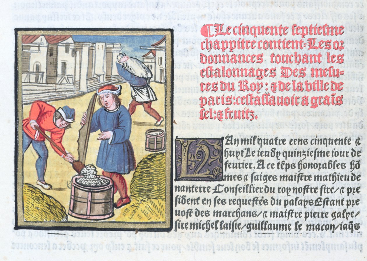 Mérőhabarcs (vagy gipsz), az 1528-ban megjelent „Ordonnances Royaux de la Juridiction de la Prevote des Marchands de la Ville de Paris”-ból (wc und gouache papíron) alkotó: Antoine Verard