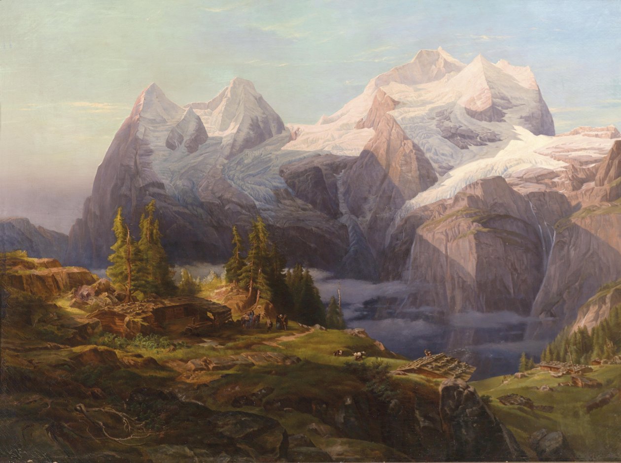 Kilátás a berni Oberlandra Mönch, Eiger és Jungfrau, figurális személyzettel az előtérben alkotó: Anton Hansch