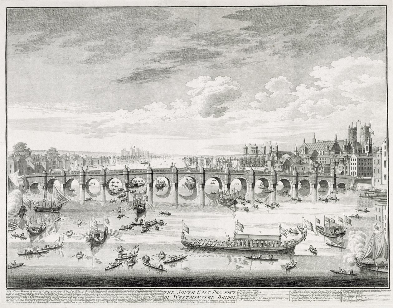 A Westminster Bridge délkeleti kilátása – Sir John Barnard (1685-1764) a londoni City főpolgármesterének eskütételére a Parlamentbe érkező hajók, 1747, R. Parr (1723-p. alkotó: Giovanni Antonio Canal