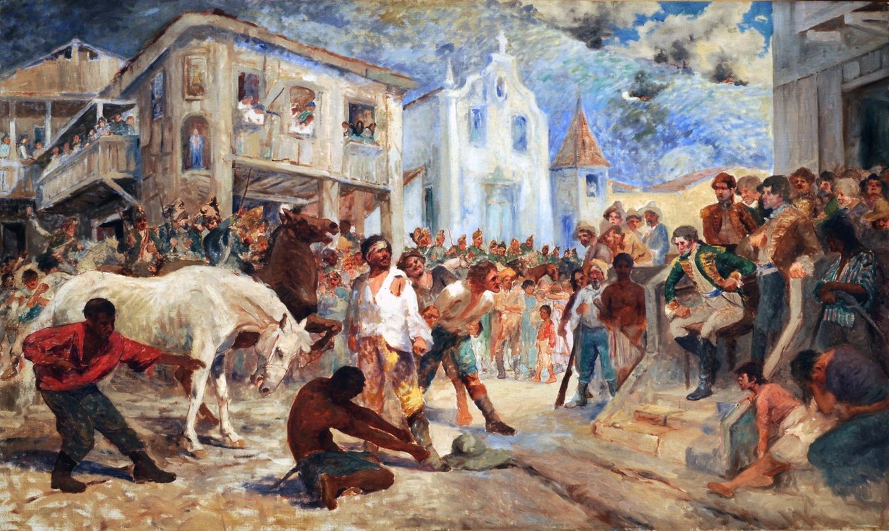  Filipe dos Santos pere. Filipe dos Santos felkelésének utolsó jelenetét ábrázolja, amely 1720-ban zajlott Vila Ricában, Minas Geraisban, Brazíliában. alkotó: Antonio Parreiras