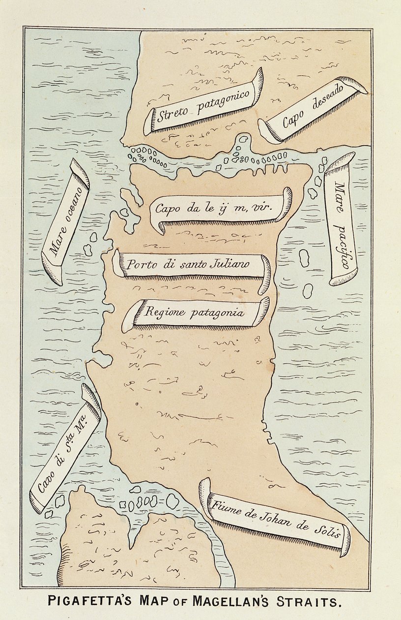 Patagónia és a Tűzföld mutatja a szorost, amely később a navigátor nevét veszi fel Ferdinand Magellan „Utazás a világ körül” című művéből. alkotó: Antonio Pigafetta