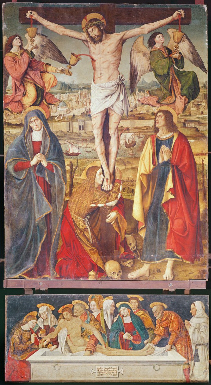 Keresztre feszítés és síremlék, a Passió Retable központi táblája, 1517-20 (tempera a panelen) alkotó: Antonio Ronzen