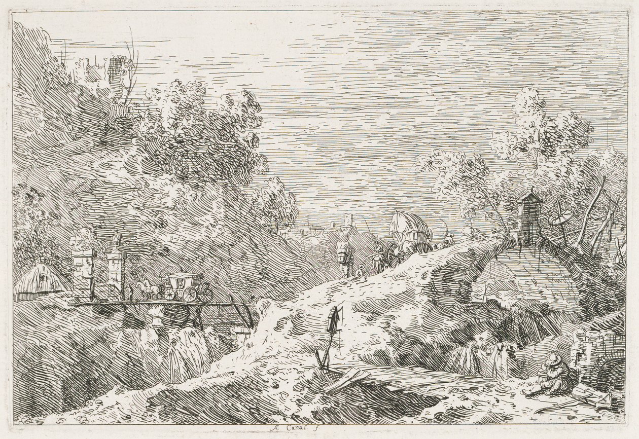 Kilátás: Hegyi táj öt híddal alkotó: Antonio Canaletto