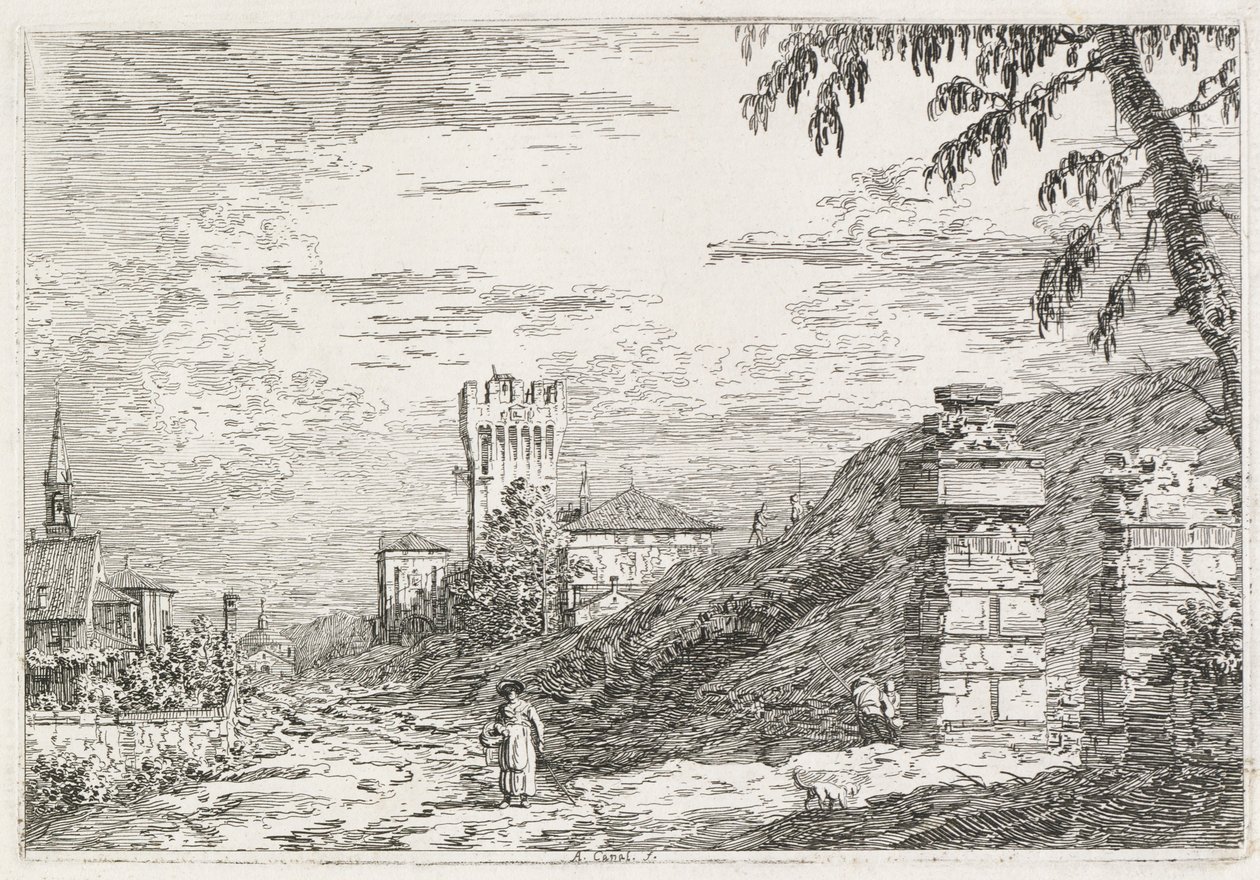 Kilátások: Két romos oszlop alkotó: Antonio Canaletto