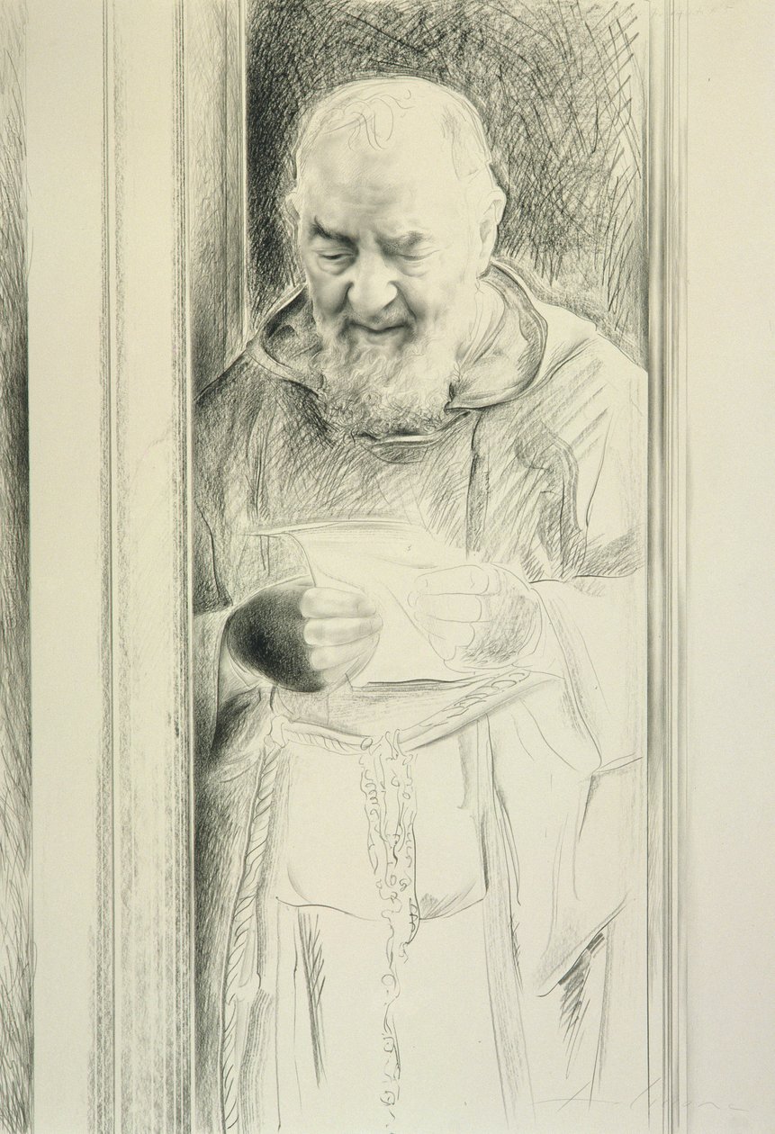 Padre Pio Reading, 1988-89 (szén papíron) alkotó: Antonio Ciccone
