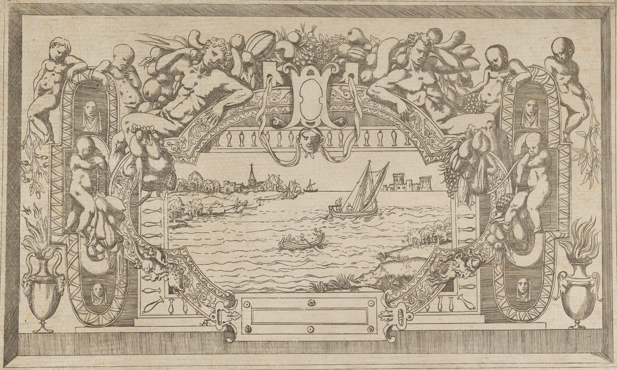 Táj díszkerettel, kb. 1543. alkotó: Antonio Fantuzzi