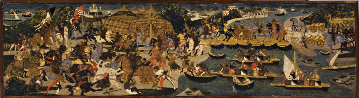 Az athéniak és a perzsák csatája, Cassone Panel, 1463 (tempera és olaj, arany és ezüst levéllel, fára) alkotó: Apollonio di Giovanni di Tommaso