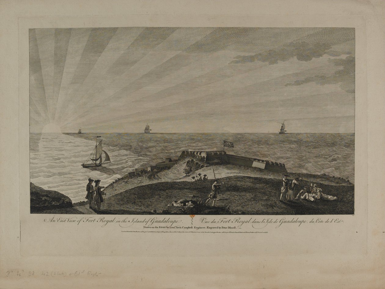 A guadeloupei szigeti királyi erőd keleti képe, Peter Mazell (fl.1761-97) metszete, megjelent 1759 körül alkotó: Archibald Campbell