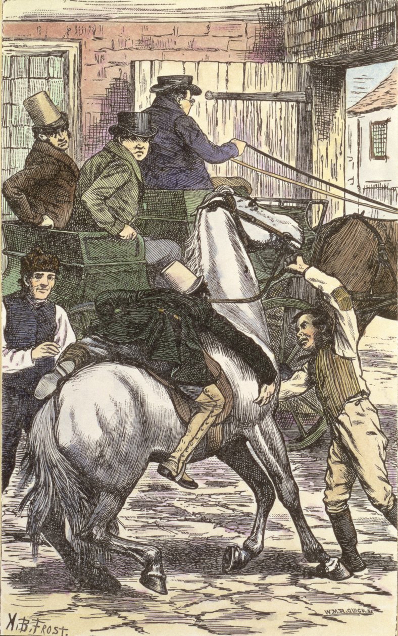 Mr Winkle felmászik a lovára, illusztráció Charles Dickens (1812-70) 1837-es "The Pickwick Papers" című művéből (színes metszet). alkotó: Arthur Burdett Frost