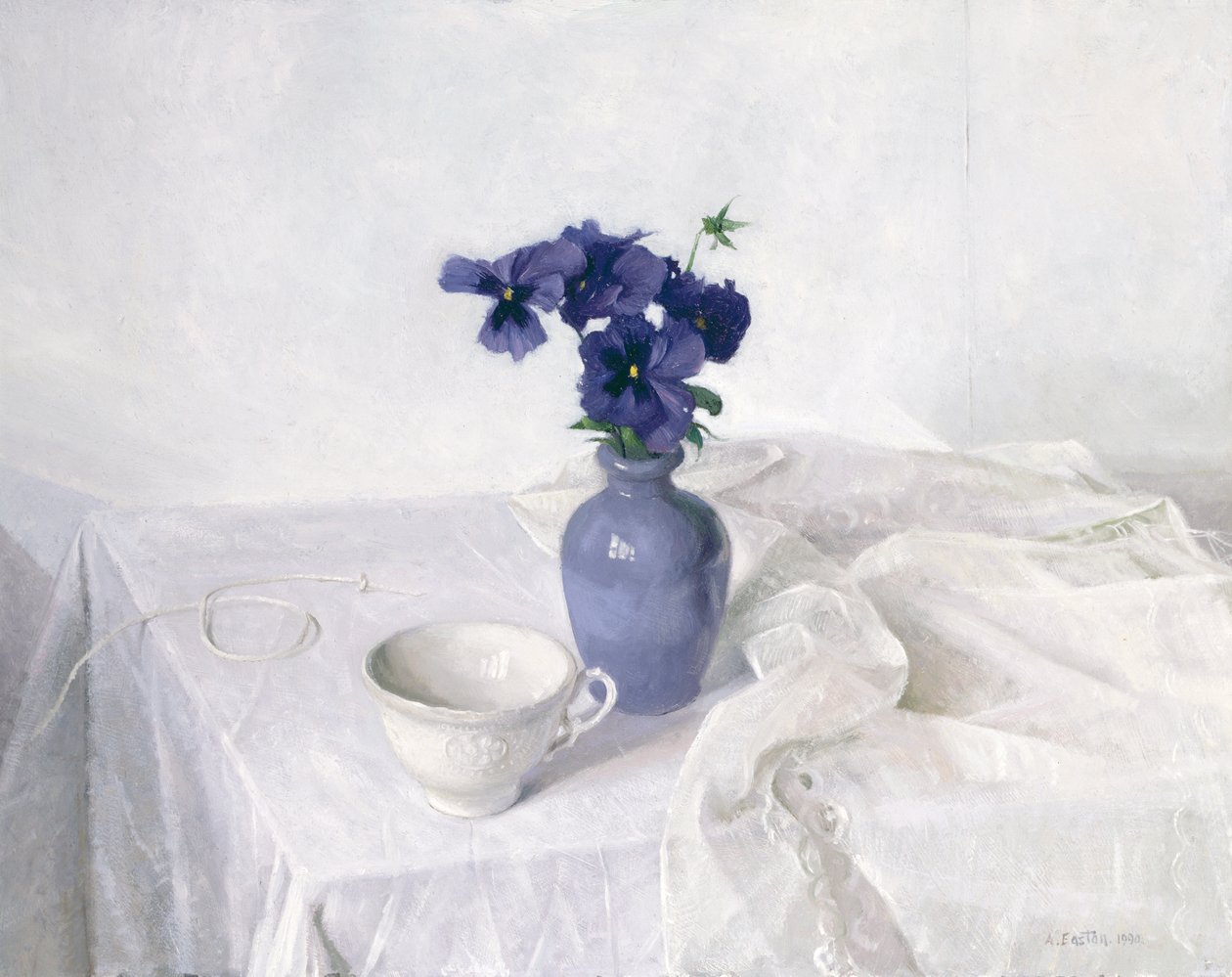 Árvácskák kék vázában, Csendélet, 1990 alkotó: Arthur Easton