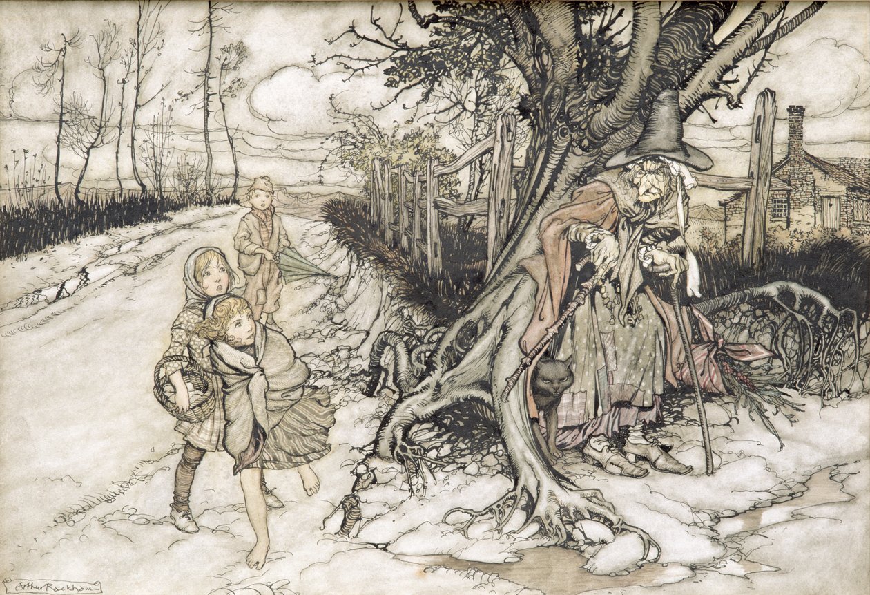 Boszorkánytól megijedt gyerekek (wc, toll és tinta a papíron) alkotó: Arthur Rackham