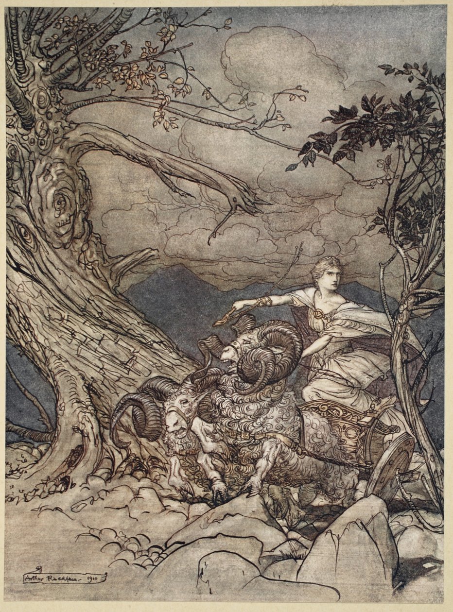 Fricka mérgesen közeledik, illusztráció a Rajnaarany és a Valkűrből, 1910 alkotó: Arthur Rackham