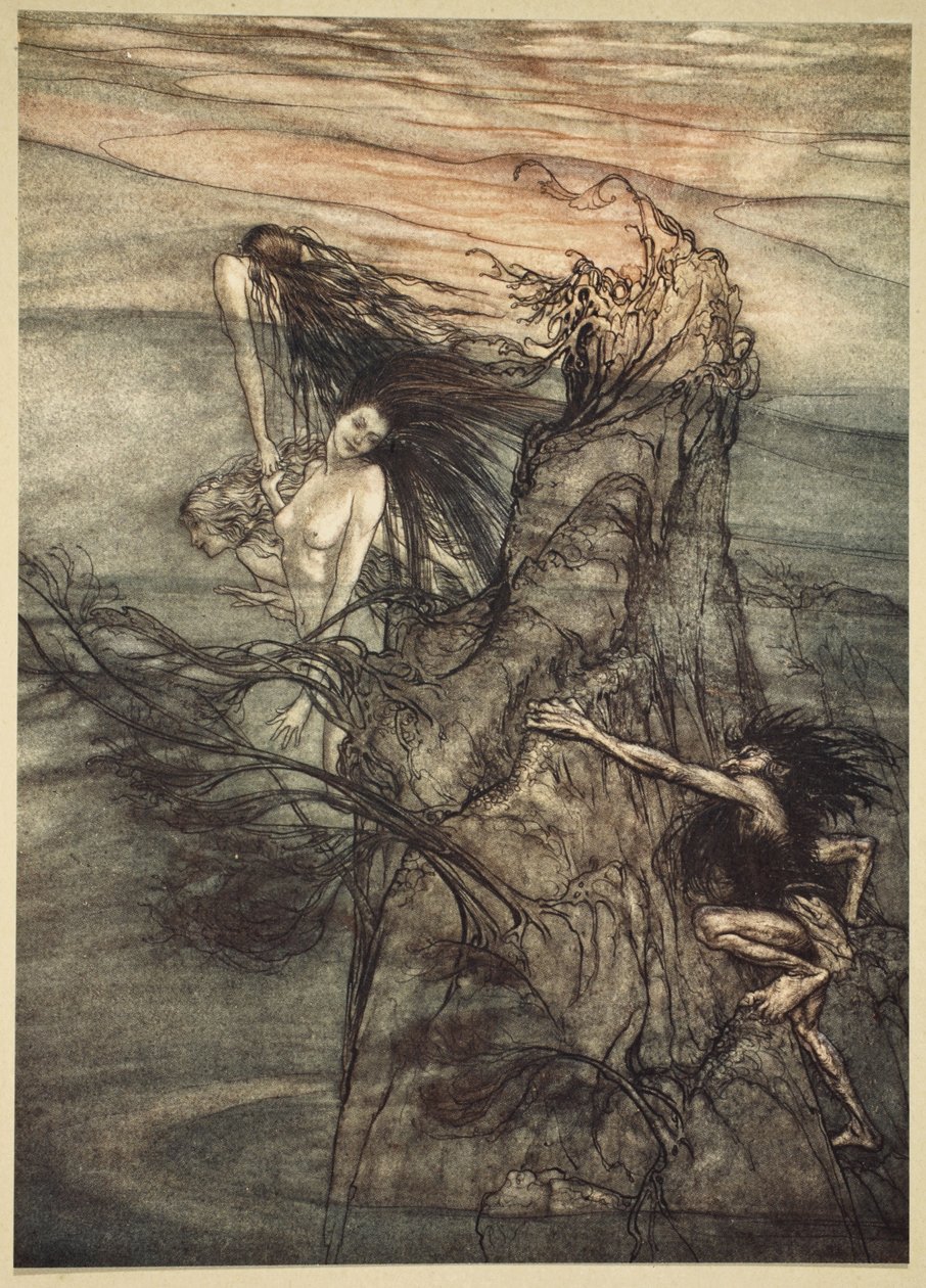 Gúnyolj el! Mock! A Nibelung a te játékodhoz készít!, illusztráció a „Rhinegold and the Valkyrie” című filmből, 1910 alkotó: Arthur Rackham