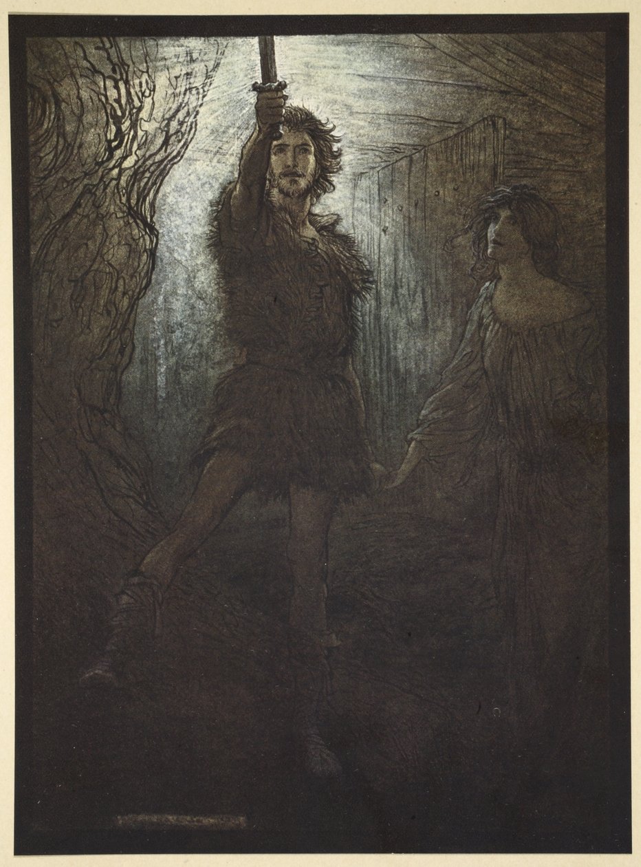 – Látod Siegmundot, a Walsungot! Menyasszonyajándékként elhozza neked a kardját”, illusztráció a „Rhinegold and the Valkyrie” című filmből, 1910 alkotó: Arthur Rackham