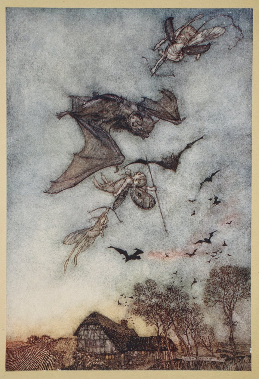 Háború az egerekkel a bőr szárnya miatt, illusztráció William Shakespeare 1908-as Szentivánéji álom című művéből alkotó: Arthur Rackham