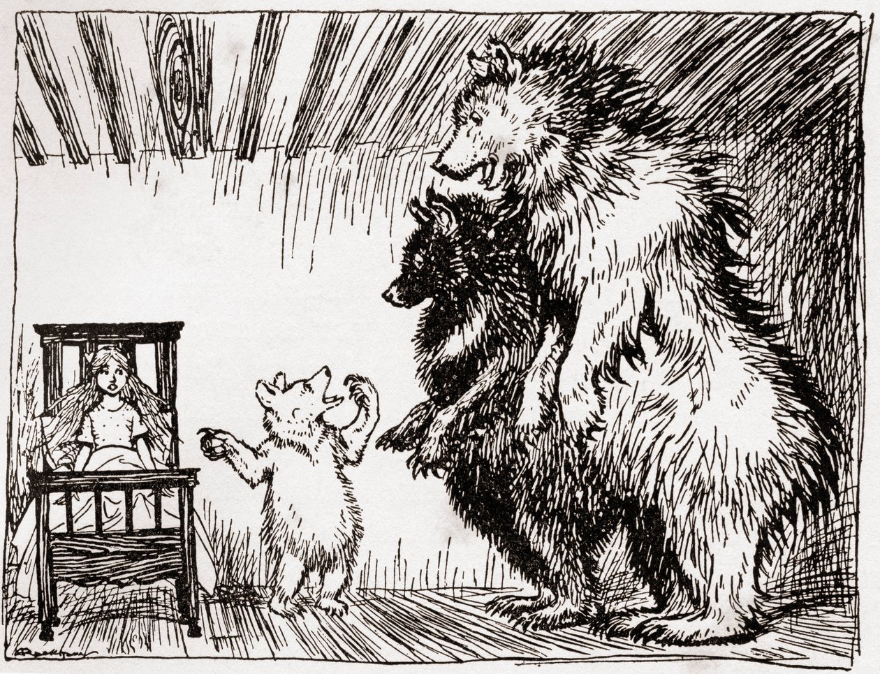 Valaki feküdt az ágyamban, és itt van, az Aranyhaj és a három medve illusztrációja, F.A. Steel által újra elmesélt angol tündérmesék, 1927 alkotó: Arthur Rackham
