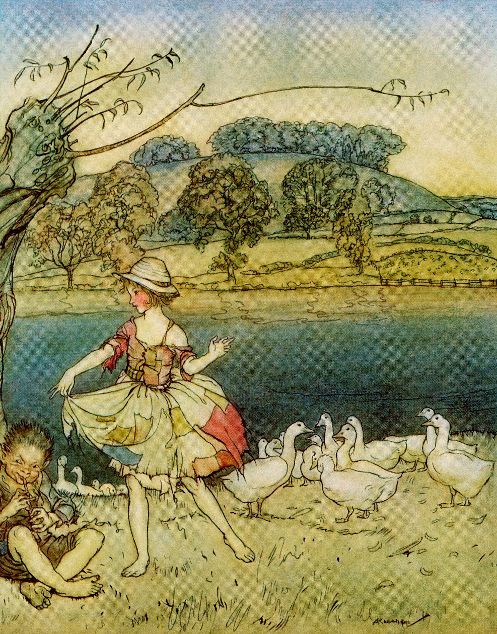 Lúdpásztor-síp közben táncoló rongyos kabátok az F.A. Steel által újra elmesélt angol tündérmesékből, 1927 alkotó: Arthur Rackham