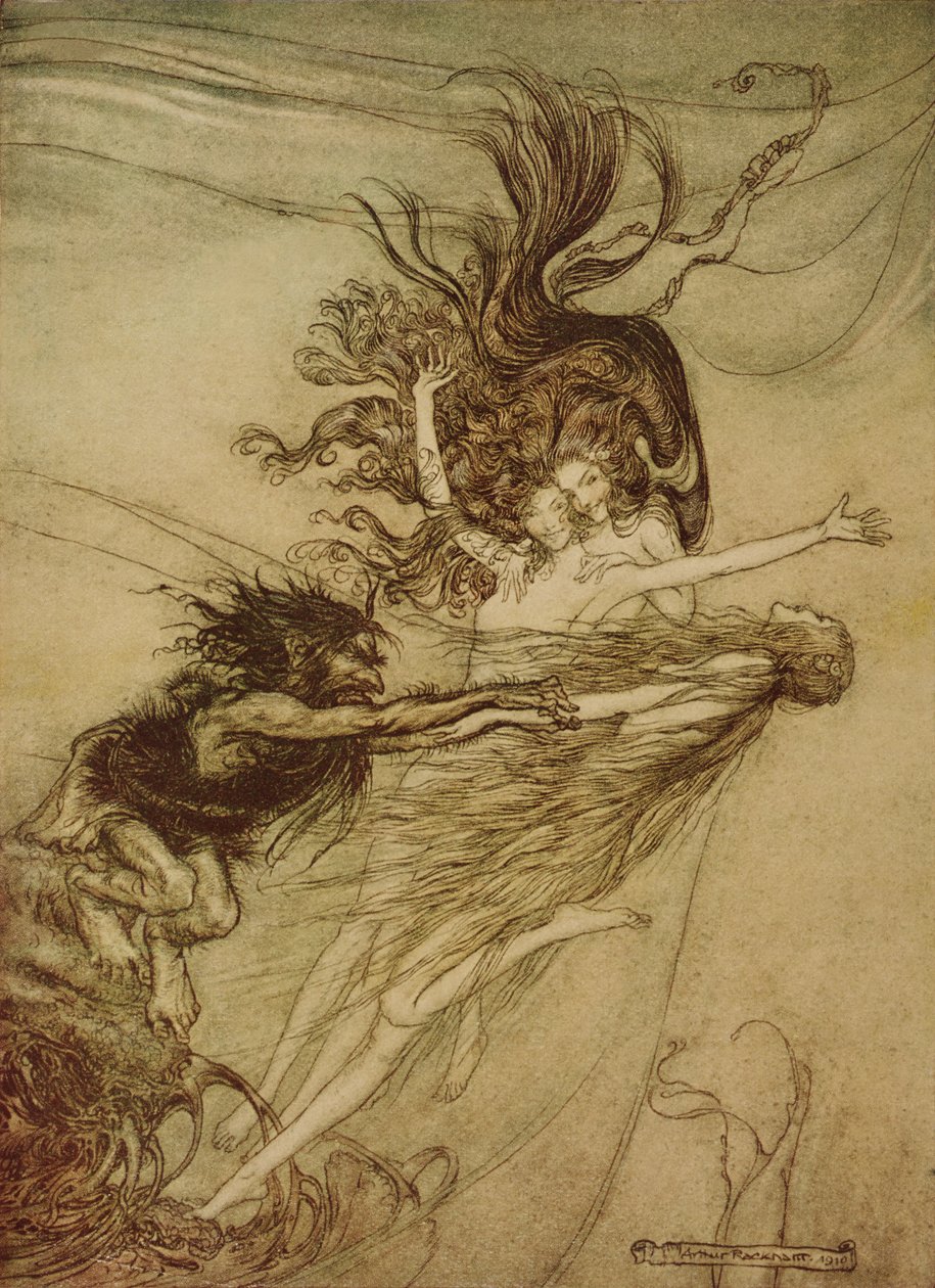 A Rajnalányok ugratják Alberichet Richard Wagner „The Rhinegold and The Valkyrie” című filmjéből, 1910 alkotó: Arthur Rackham