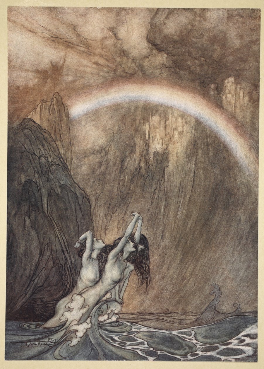 Rajna szép gyermekei, sírnak elveszett aranyukért, sírás, illusztráció a Rajna arany és a Valkűr című filmből, 1910 alkotó: Arthur Rackham