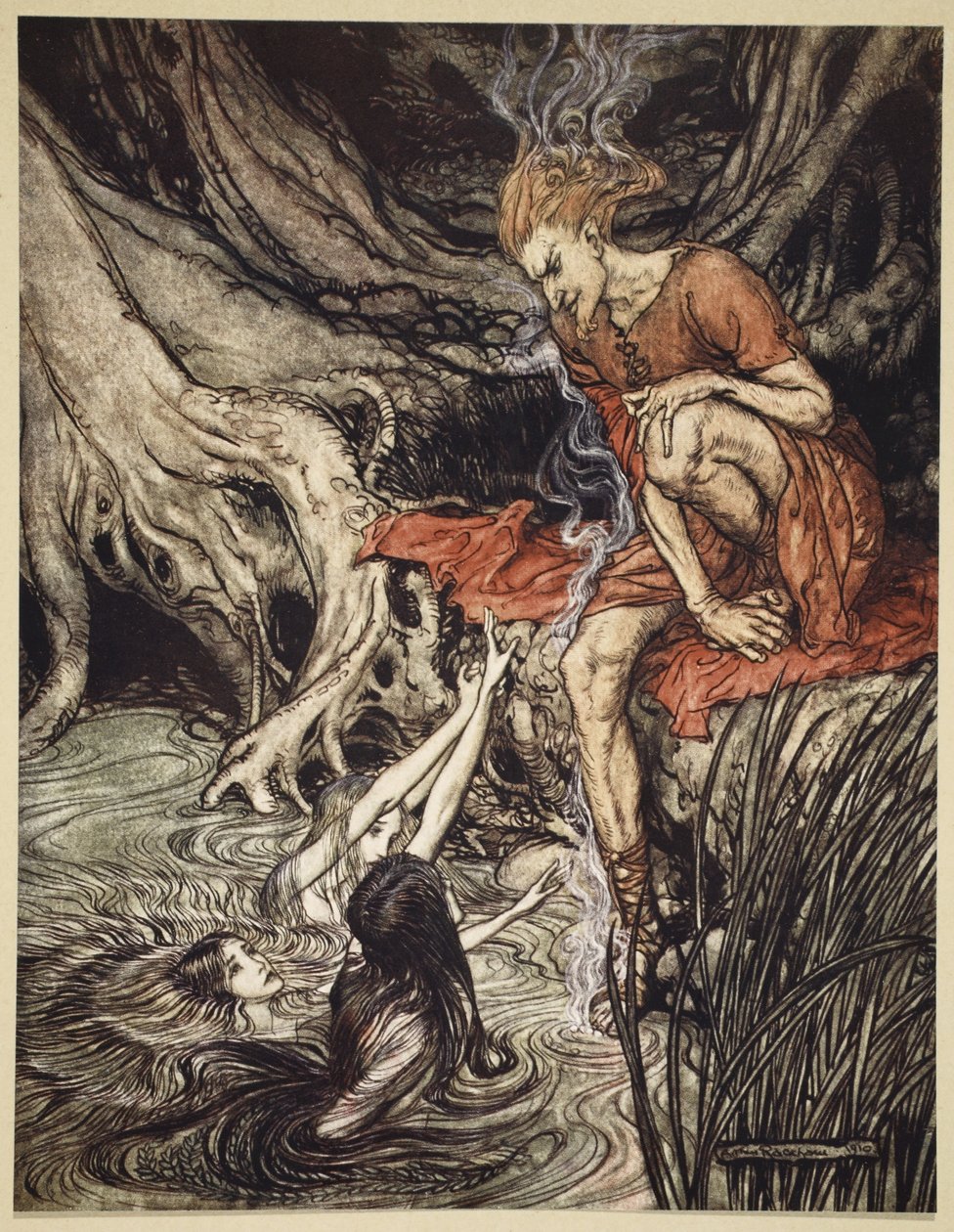 A Rajna tisztán csillogó gyermekei meséltek bánatukról, illusztráció a „Rajna arany és a valkűr” 1910-ből alkotó: Arthur Rackham