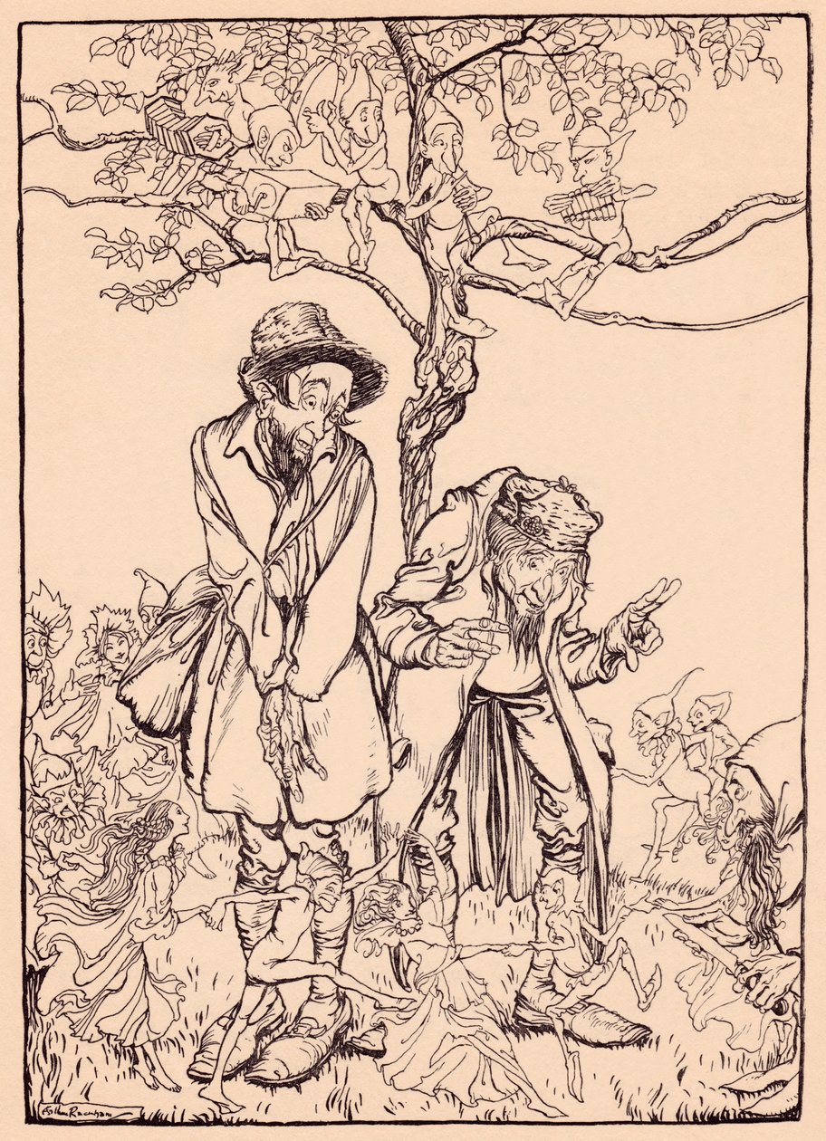 "Amikor elég éles volt, körbenézett az idegenekre" - illusztráció a "Grimm meséjéből, A kis nép ajándékai" alkotó: Arthur Rackham