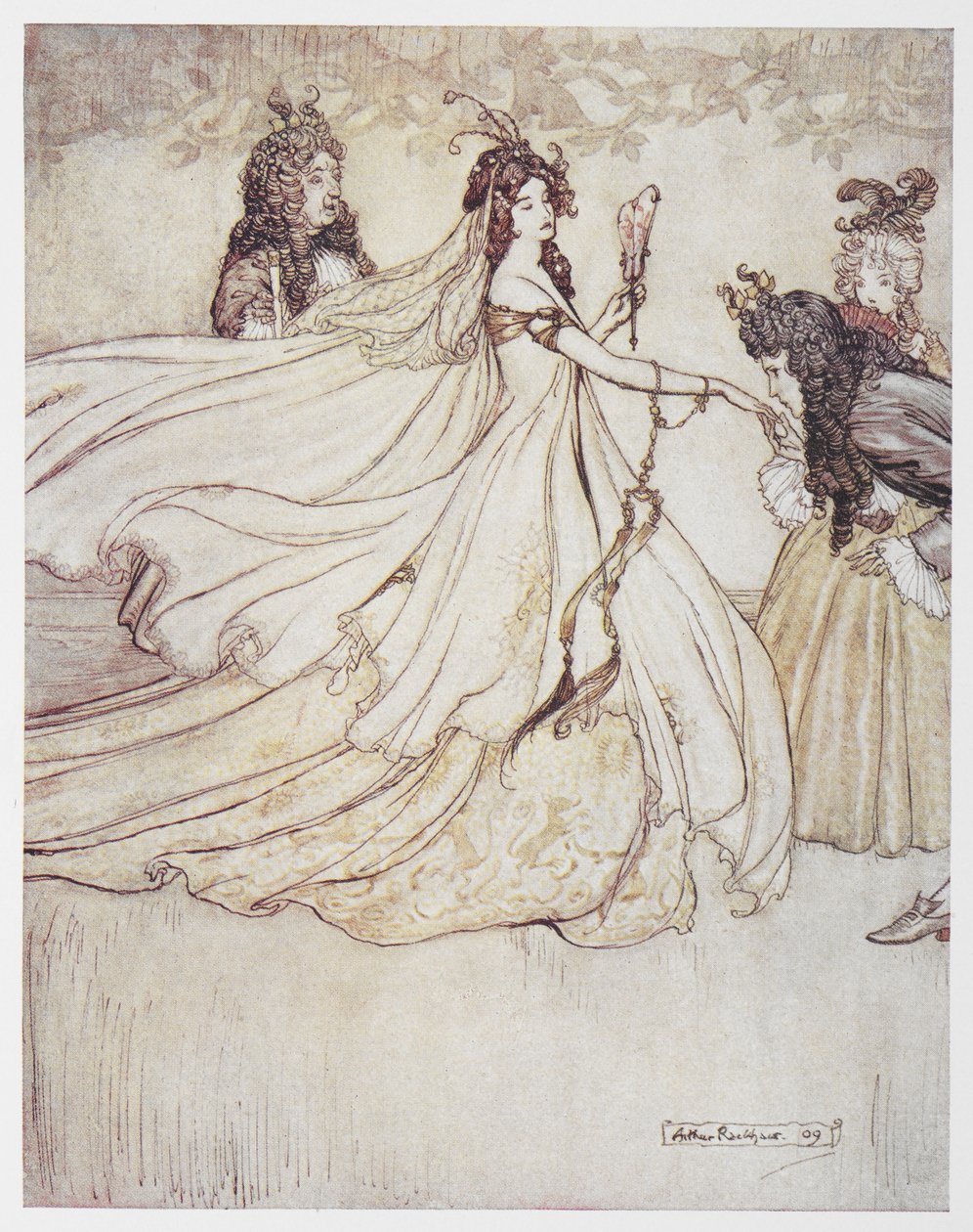 Hamupipőke (Aschenputtel) báli ruhában. alkotó: Arthur Rackham