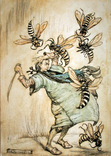 Gulliver harca a darazsakkal alkotó: Arthur Rackham