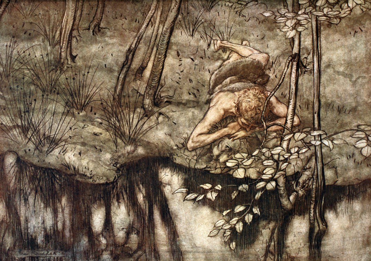 „Siegfried látja magát a patakban”, 1924. alkotó: Arthur Rackham