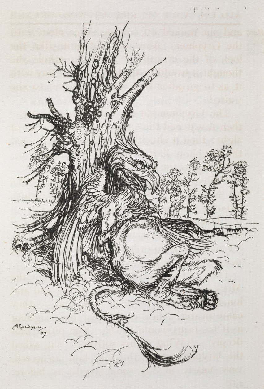 A grifon egy fának ülve alkotó: Arthur Rackham