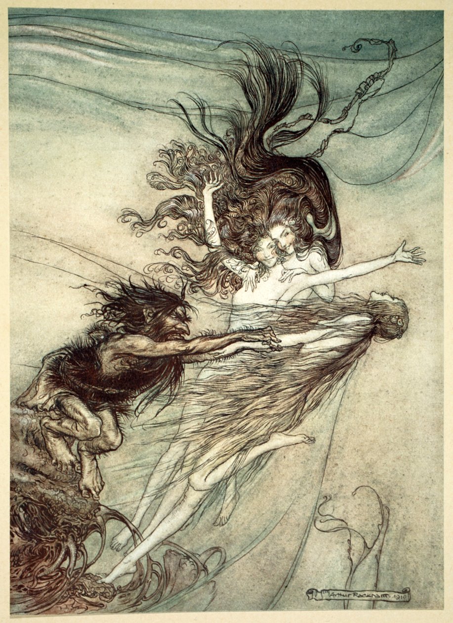 „A Rajnalányok ugratják Alberichet”, 1910. alkotó: Arthur Rackham