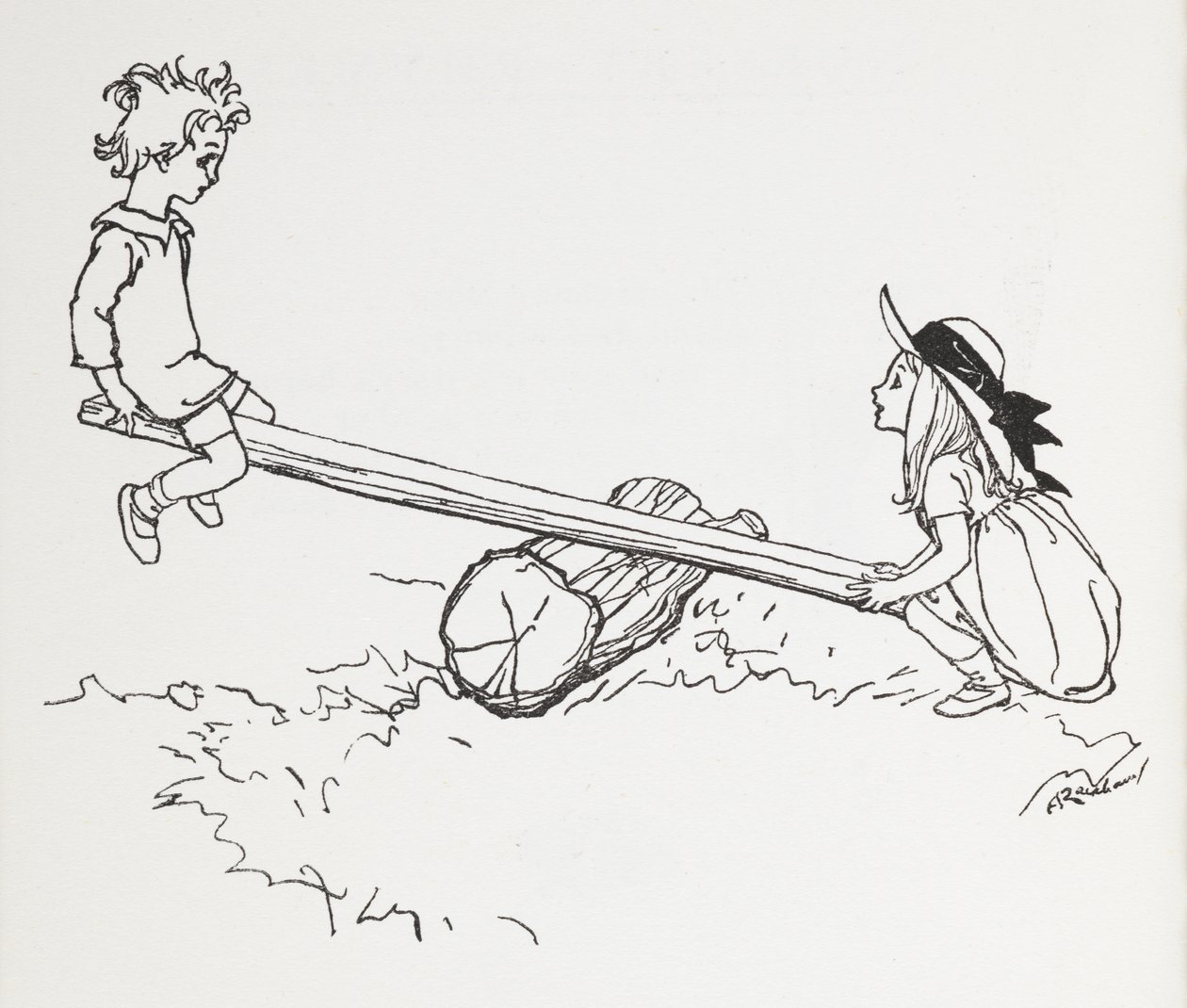 Két gyerek a fűrészen. alkotó: Arthur Rackham