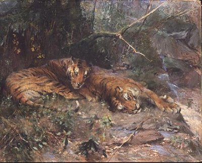 Tigrisek pihennek a patak mellett alkotó: Arthur Wardle