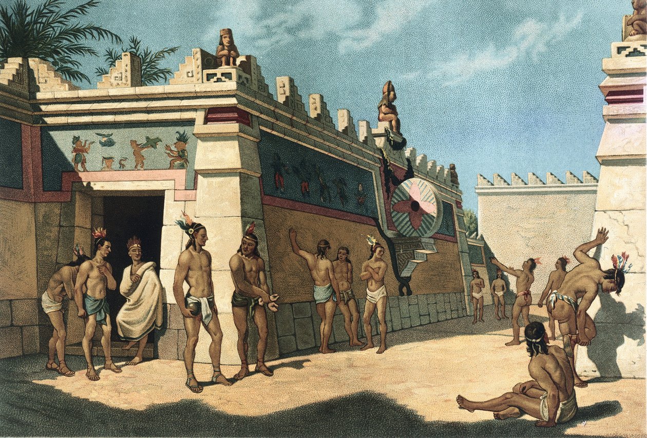 maja civilizáció, mezoamerikai labdajáték, litográfia alkotó: Artist Unknown