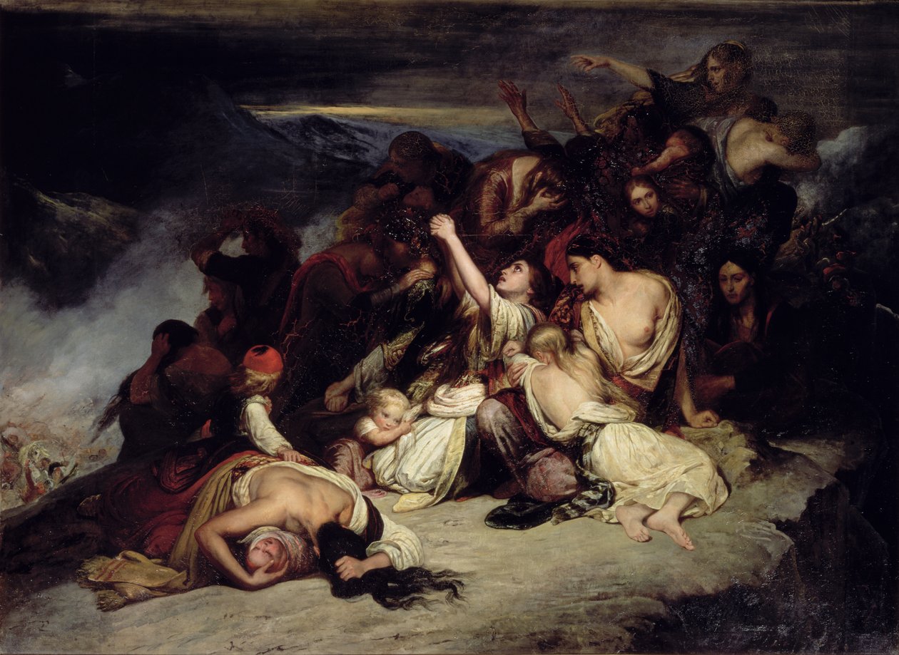 A kétségbeesett rumili asszonyok, akik látták, hogy férjeiket legyőzték Ali pasa, "Janina oroszlánja" csapatai, 1803-ban a sziklákról vetik le magukat. alkotó: Ary Scheffer