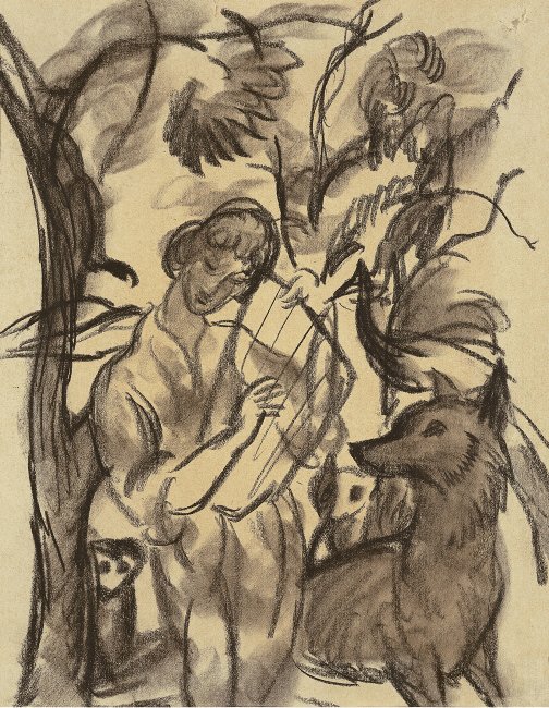 Nő lírával és kutyával alkotó: August Macke