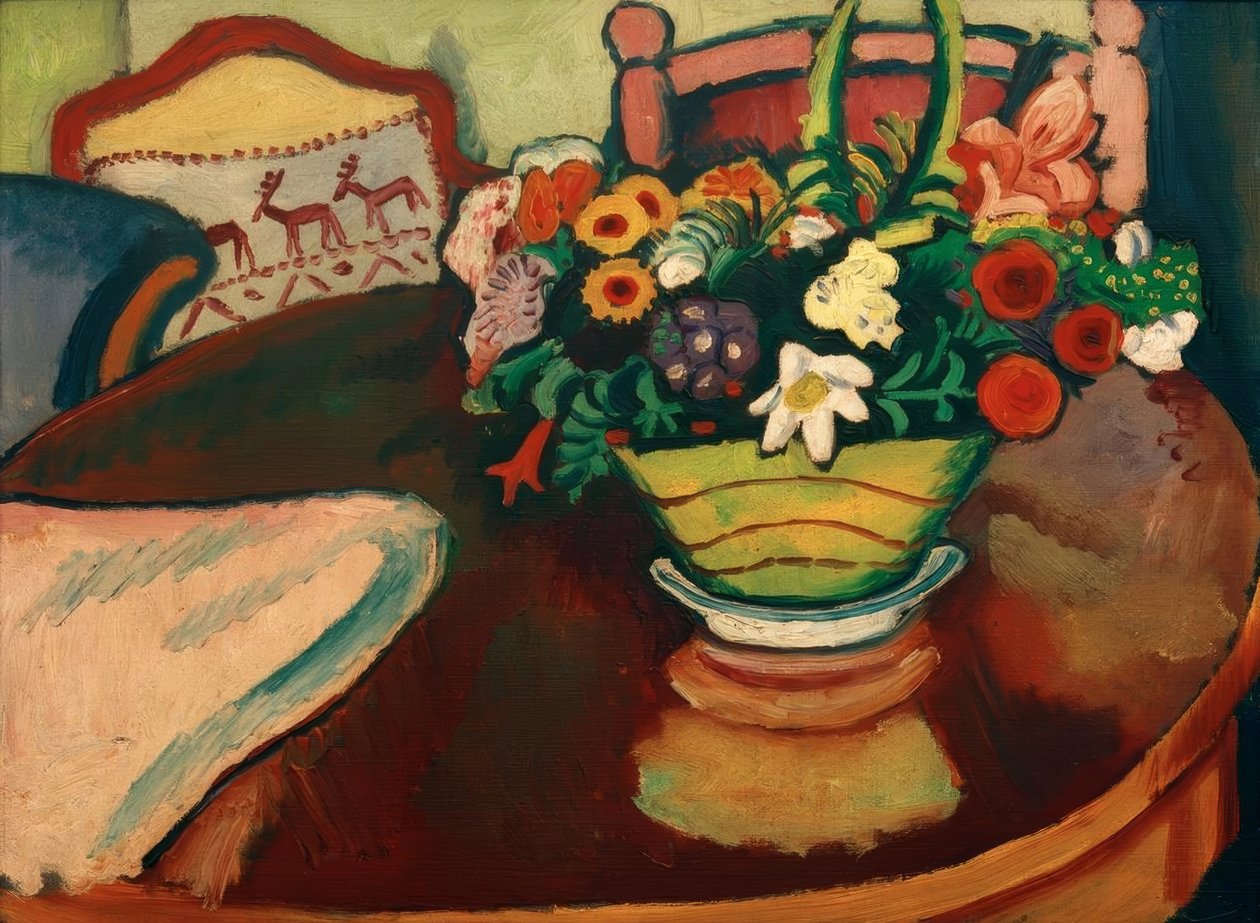 Csendélet szarvaspárnával és csokorral alkotó: August Macke