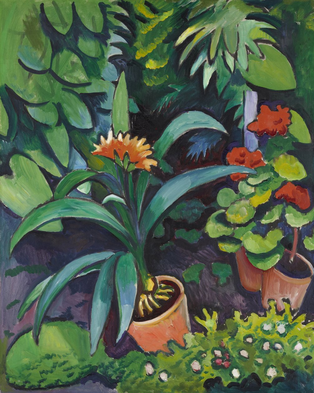 Virágok a kertben, clivia és pelargonium alkotó: August Macke