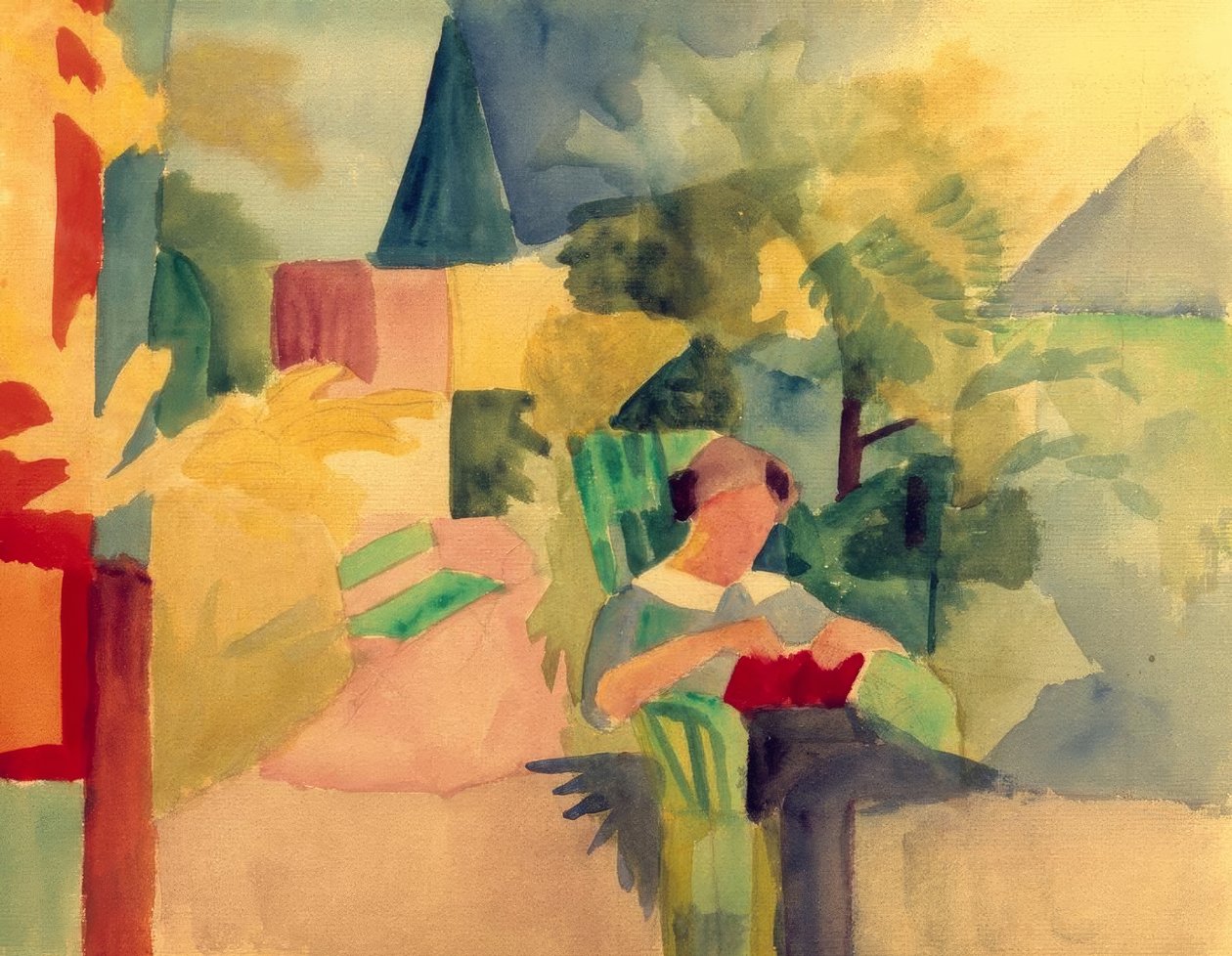 Kert egy nővel, aki olvas (a Thun-tónál) alkotó: August Macke
